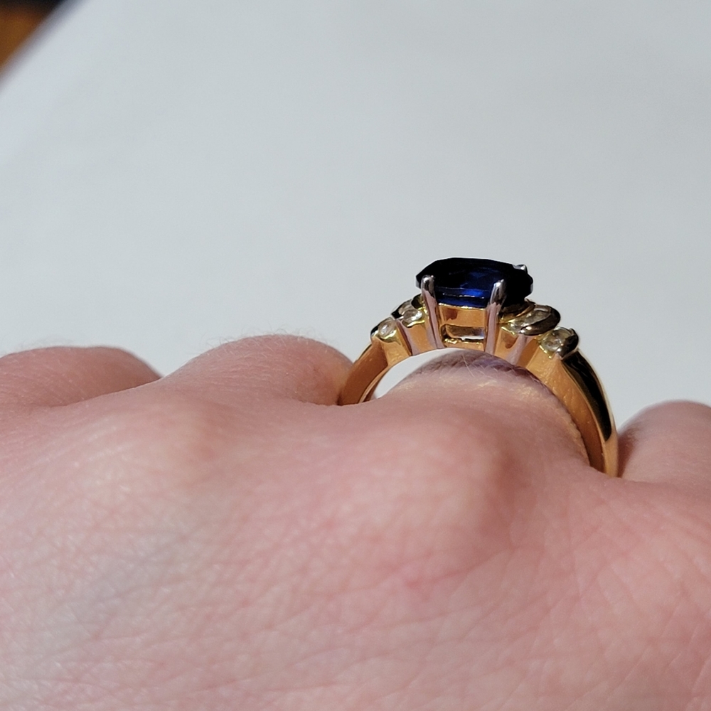 Oval Cut Blue Sapphire and Diamond Simulated Stone Ring Size 12.5 Gold Tone - Picture 9 of 10